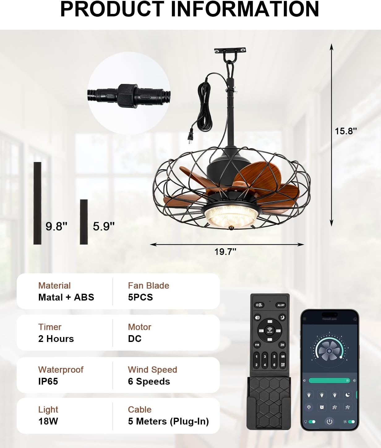 20" Gazebo Outdoor Ceiling Fan with Light,Outdoor Waterproof Plug In IP65 Gazebo Fan,Wet Rated Dimmable LED 3 Color Lighting and 6 Speeds with Remote for Indoor,Patios,Pergola,Garage,Deck,Coastal