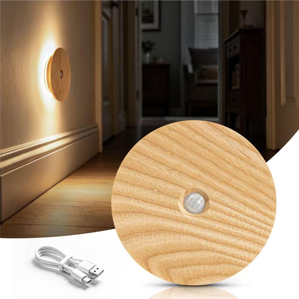 Wood Night Light with Motion Sensor , Rechargeable Backlit Light, Magnetic | USB-C Rechargeable, Warm White 3000K Light, Stick-on Magnetic Mount, Light for Hallway, Entryway, Bedroom, Ash Wood