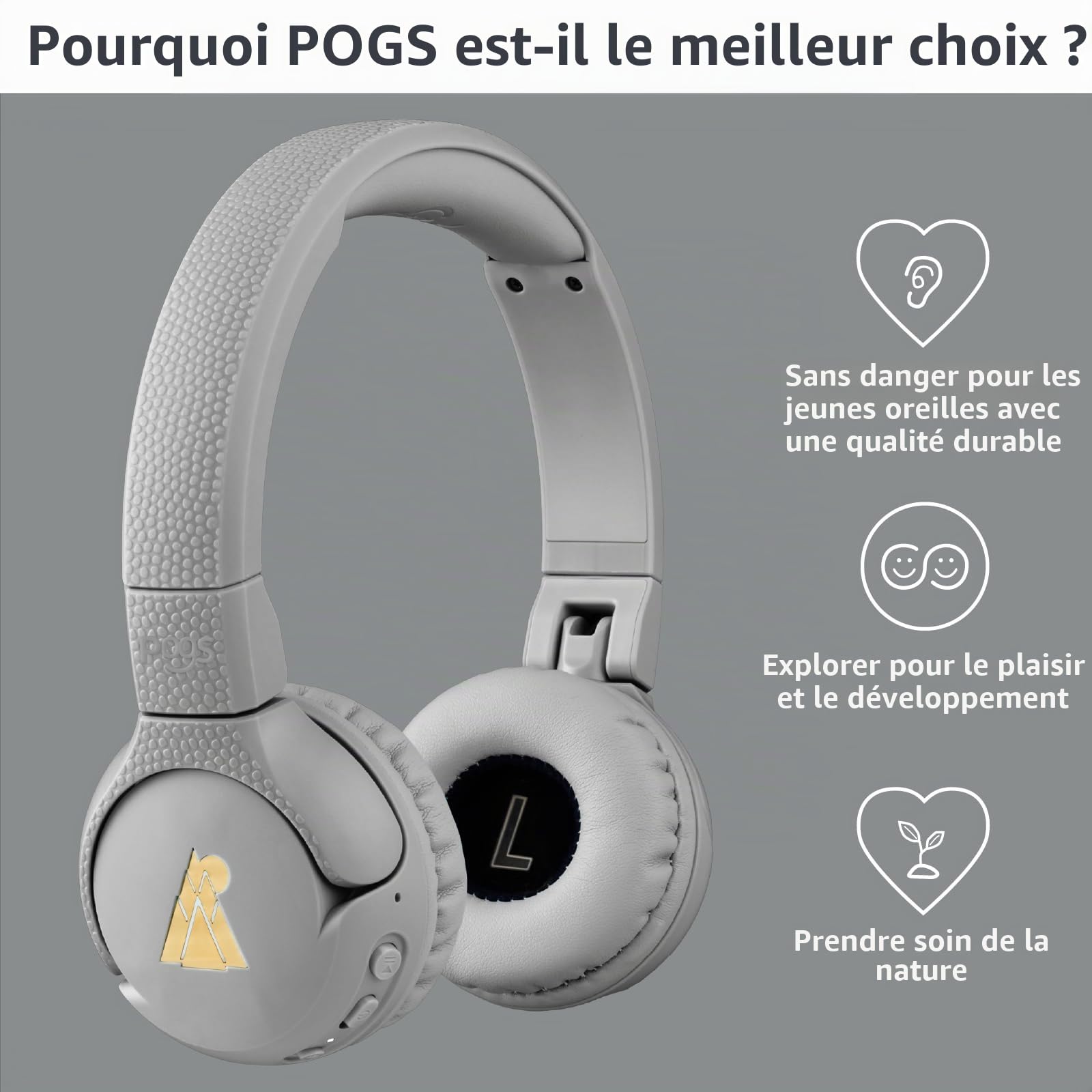 POGS Casque d'écoute Bluetooth sans Fil Kids | Le Gecko 2 | Casque réglable et Durable pour Enfants de 3 Ans et Plus | Volume limité à 85 DB | Microphone | Fonction de Partage de Musique (rGris)