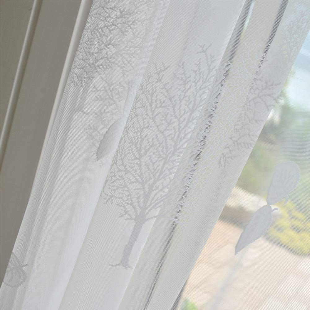 Arbre et Feuilles Rideaux Voilage Jacquard Voile Transparent Rideaux à Oeillets 2 Panneaux pour Balcon Salon Enfant Chambre,Blanc,W135xL244cm