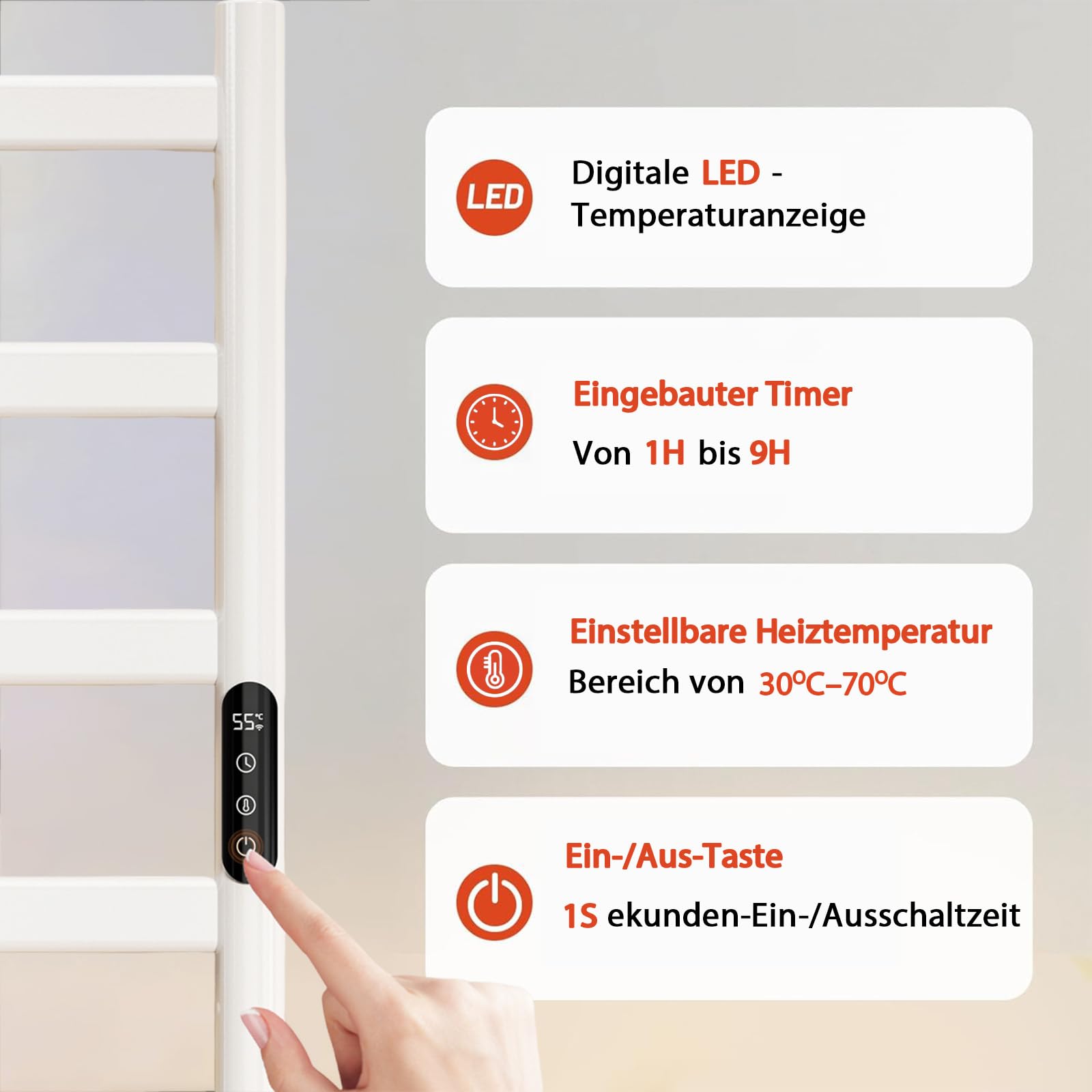 Badheizkörper Elektrisch 285W Handtuchheizer Einstellbare Temperatur 35°-70°C, handtuchwärmer mit 1-9 H Timer-Funktion, Handtuchtrockner mit LED-Touchscreen, IPX4. 50x100cm, weiß