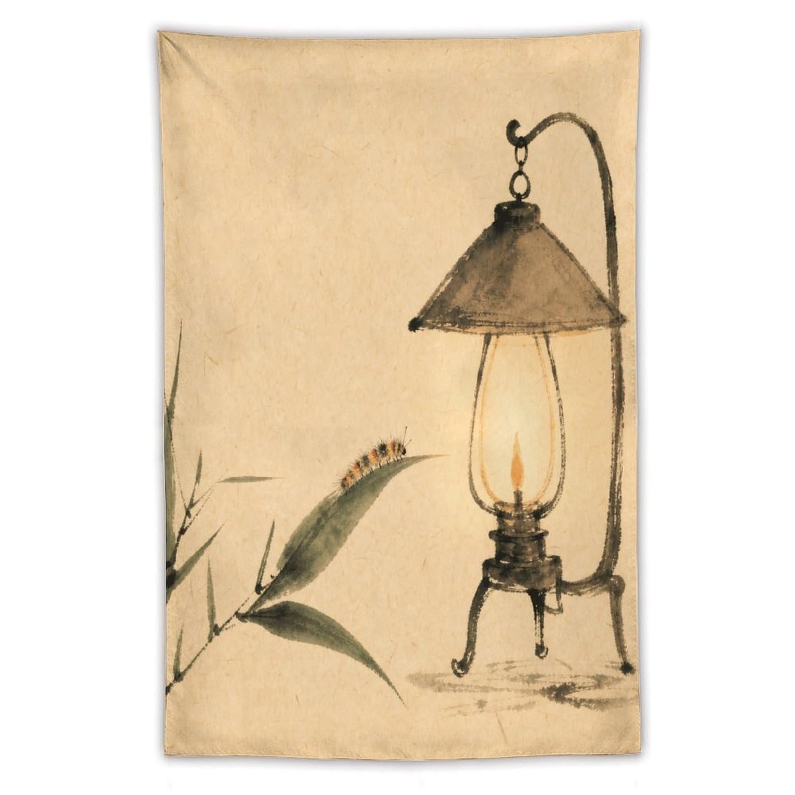 Hanging Lantern with Bamboo Wall Tapestry, Asian Ink, Asian Minimal