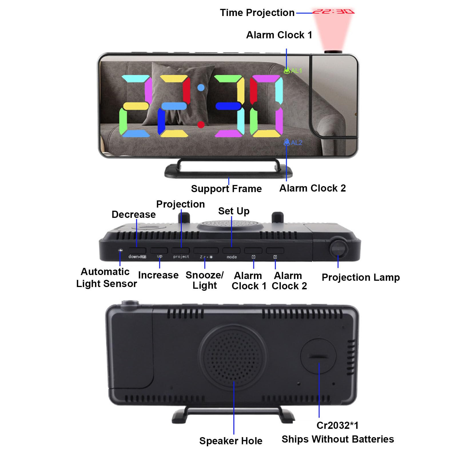 Reloj despertador de proyección, reloj digital con pantalla LED de espejo con proyector giratorio de 180°, regulador, formato 12/24h, función de repetición, ideal para escritorio o mesita de noche