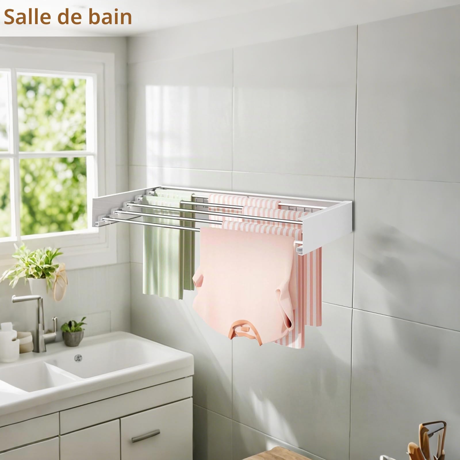 Séchoir à linge mural extensible - Charge maximale : 30 kg - Séchoir mural 80 x 40 x 10 cm - Pour l'intérieur ou l'extérieur - Peu encombrant - Design compact et fin - Blanc