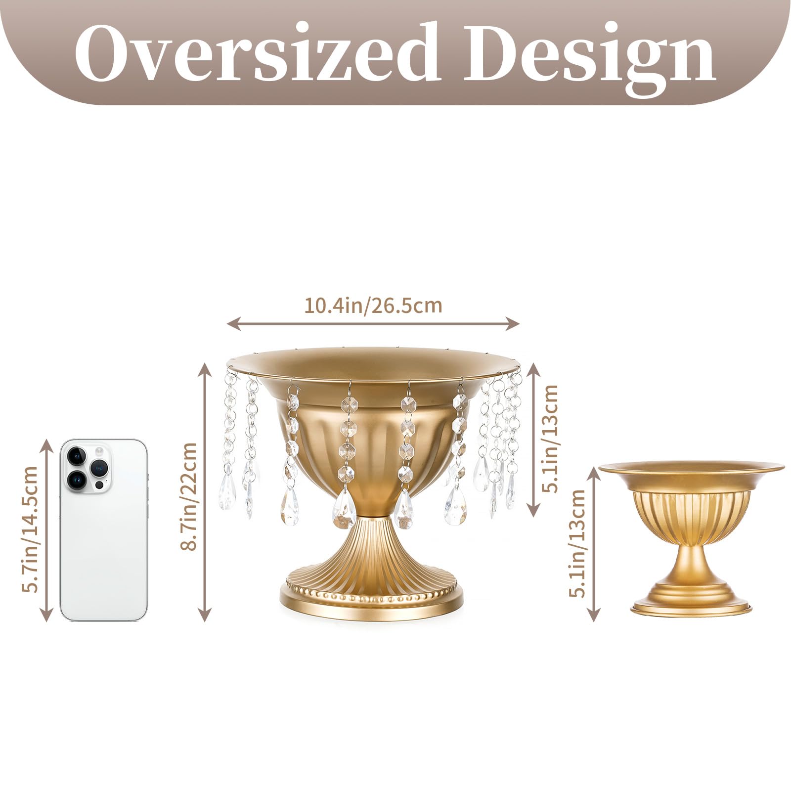 Sziqiqi Metall Urn Vase Gold: Kleine Vasen Hochzeitsdeko Tischdeko 10Stk | Mit Kristallperlen, ⌀27cm/ H22cm/ T13cm, Weite Öffnung für Kunstblume, Vintage, Hochzeit, Taufe, Esstisch, Party, Landhaus