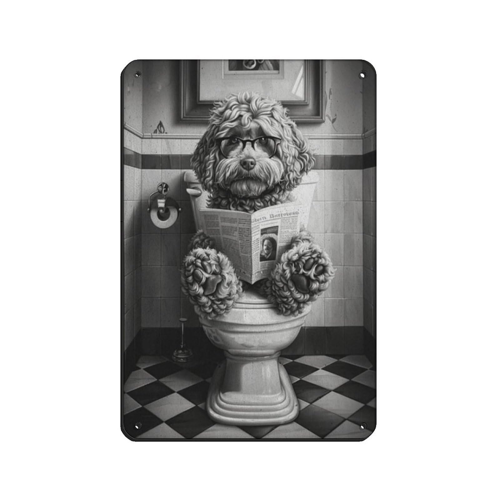 Cockapoo on The Toilet And Reading Newspaper Tin Sign Vintage Metal Pub Club Cafe Bar Home Wall Art Decoration Poster Retro 8x12inch(20x30cm)