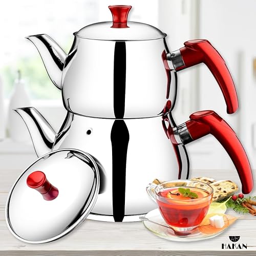 Miniatura 8 de Hakan Juego de tetera doble de acero inoxidable con espejo con autocolador juego de tetera estilo samovar turco tetera con asa tetera para té de