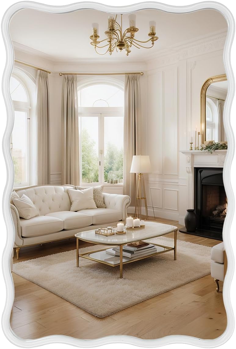 Bathroom Mirror for Wall, 20"x30" Modern Wavy Metal Mirror White Large Full Length Rectangular Decorative Mirror with Tempered Glass, Metal Frame Vanity Mirror for Bedroom, Living Room, Entryway