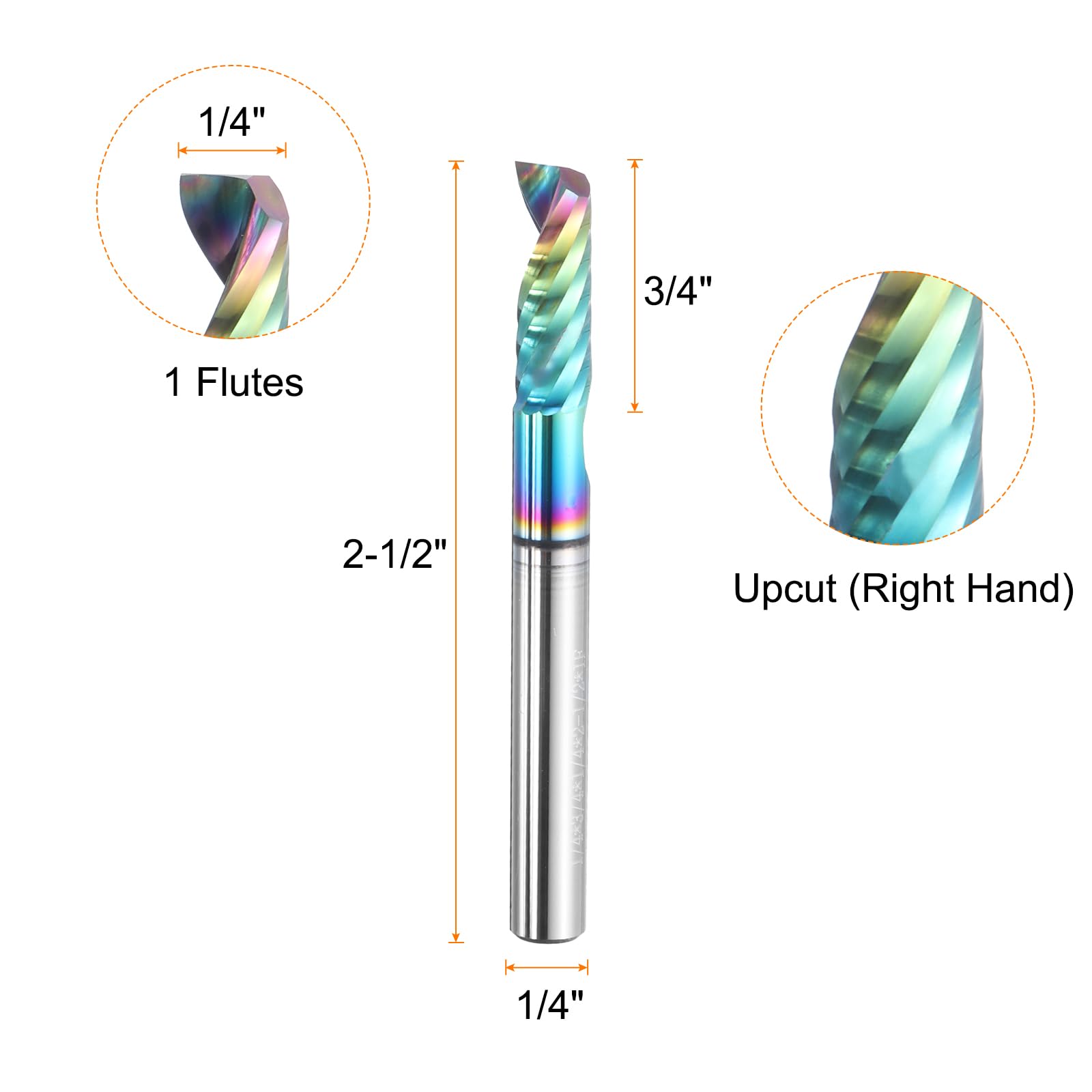 QUARKZMAN Frez spiralny 1/4" średnica cięcia 1 kolorowa powłoka tnąca (1/4" trzpień 3/4" długość cięcia 2-1/2" całkowita długość 30 stopni śmigła HRC44-46)