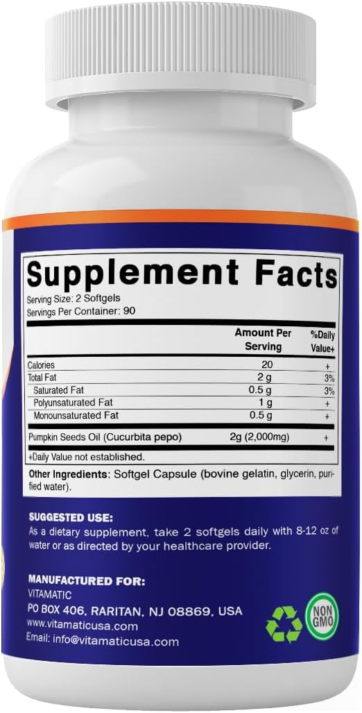 Vitamatic Pumpkin Seed Oil 2000mg – 180 Softgels (Pack of 2-360 Count)