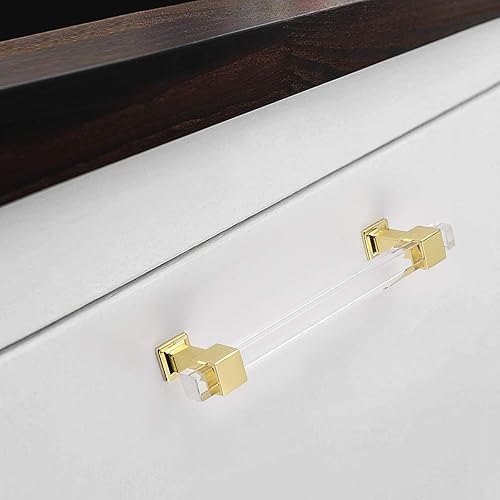 Miniatura 4 de knobelite Paquete de 15 manijas de gabinete de cocina con centro de agujero de 5 pulgadas, tiradores de cajón dorados modernos con tubo acrílico