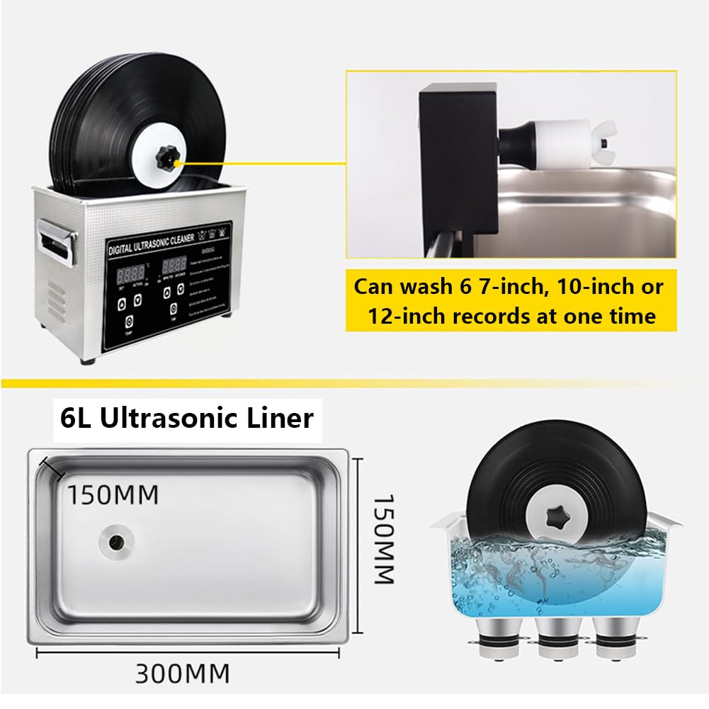 Ultradźwiękowa myjka do płyt winylowych 6l, maszyna 180 W, 6 szt. jednorazowe, automatyczne obracanie dwustronne czyszczenie Lp, czas 0~30 min, profesjonalny system czyszczenia