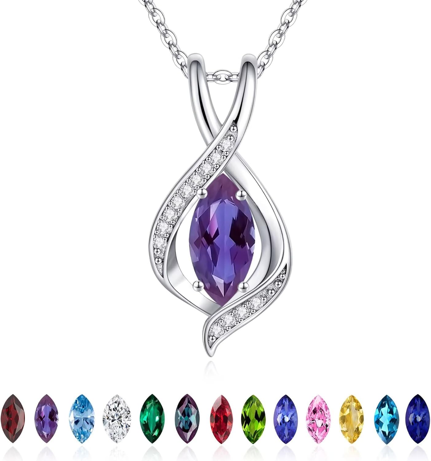 Iefil Marquise Birthstone Necklace for Her, 925 Sterling Silver Teardrop Necklace Birthday Gifts Dainty Necklaces Birthstone Jewelry for Wife Daughter, 19"+2" Inches