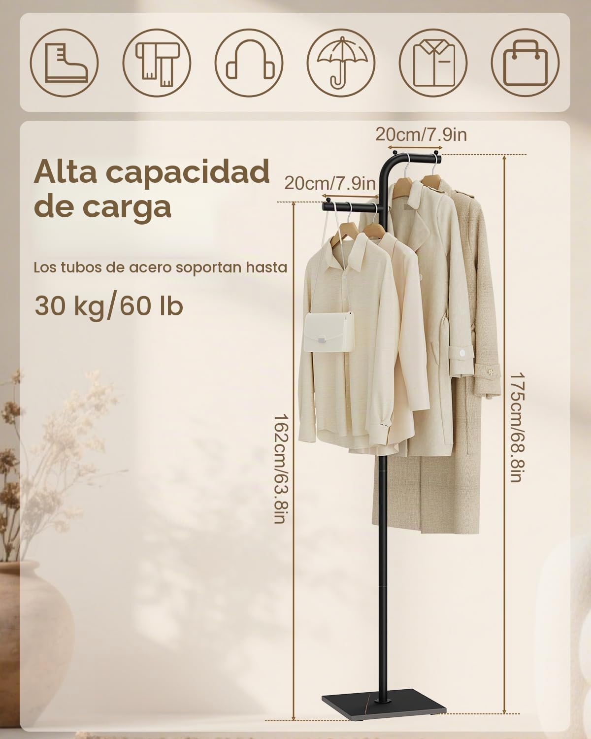 Perchero de Pie, Colgador Doble Columna Ropa, 30x30x176 cm, Negro | Perchas Independientes Con Placa Inferior de Roca Gruesa, para Colgar Abrigos, Sombreros, para Recibidores de Entrada