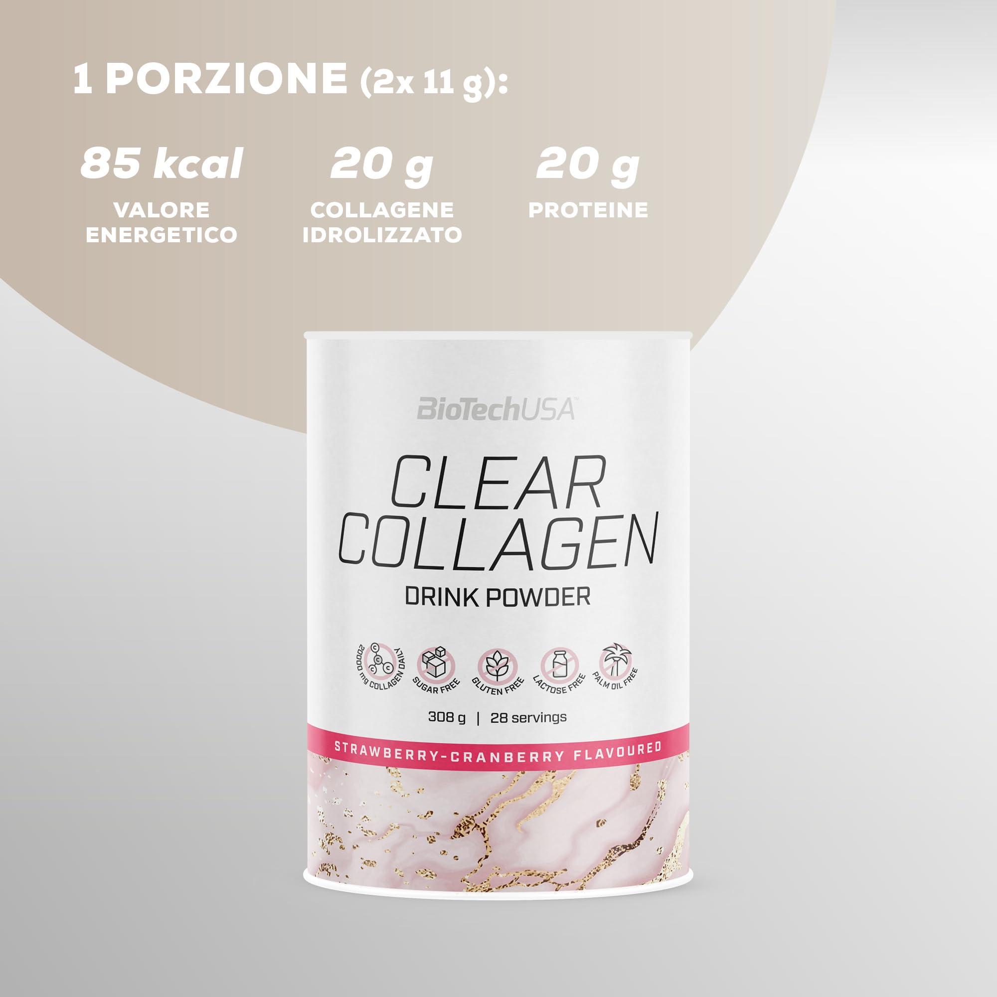 BioTechUSA Clear Collagen | collagene in polvere da bere | Vitamina C per la normale formazione di collagene | dissetante | facilmente solubile | 308 g, Fragola-Mirtilli Rossi