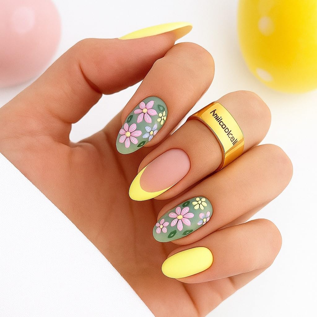Sunburst Mart Spring Floral Press-On Nails, Matte Yellow and Nude with Daisy Design, Almond Shape-image-6
