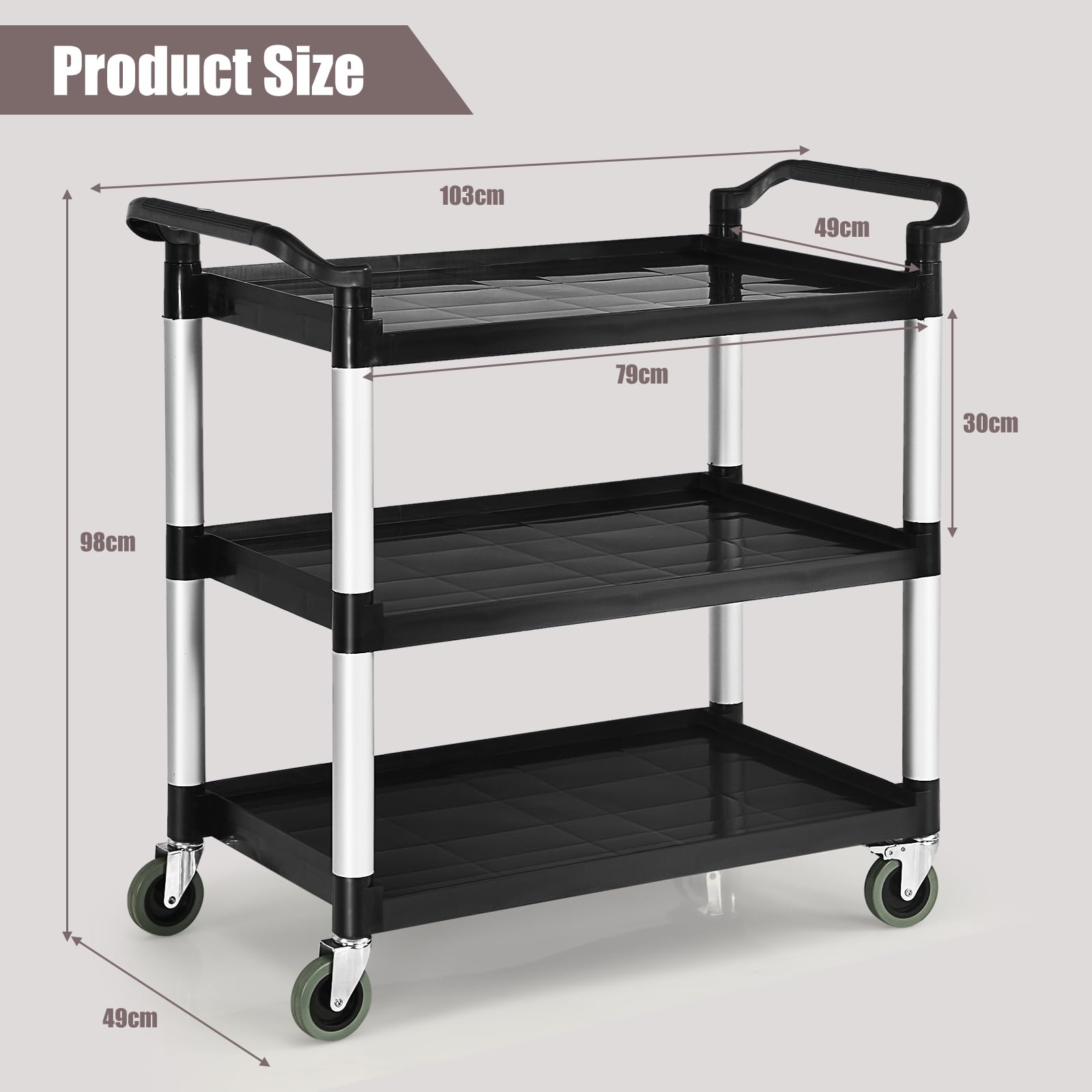 KOMFOTTEU Carrello di servizio a 3 livelli, carrello da cucina con ruote (2 con freno) e comode maniglie, carrello ausiliario con capacità di carico di 50 kg per scaffale, 103 x 49 x 98 cm
