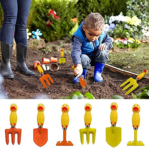 Kids Gardening Set Yellow Duck Handle, 6 Pieces (Organe+ Yellow), Kids Garden Tool Set Kids Beach Shovel Sandbox Play Toy Garden Hand Tool