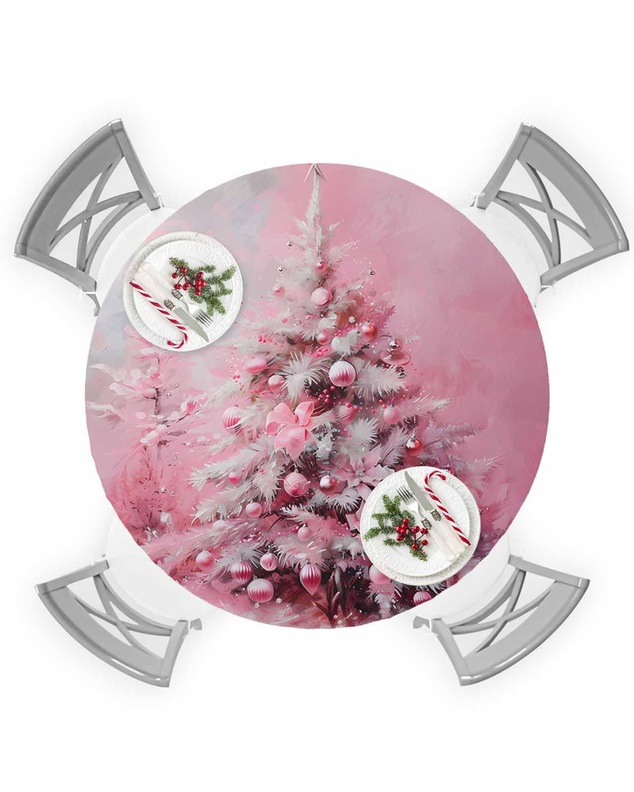 Christmas Round Fitted Tablecloth with Elastic Xmas Tree Bows Tablecloths Snow Pink Balls Table Cover for Kitchen Dinner Xmas Holiday Party Decor Fits