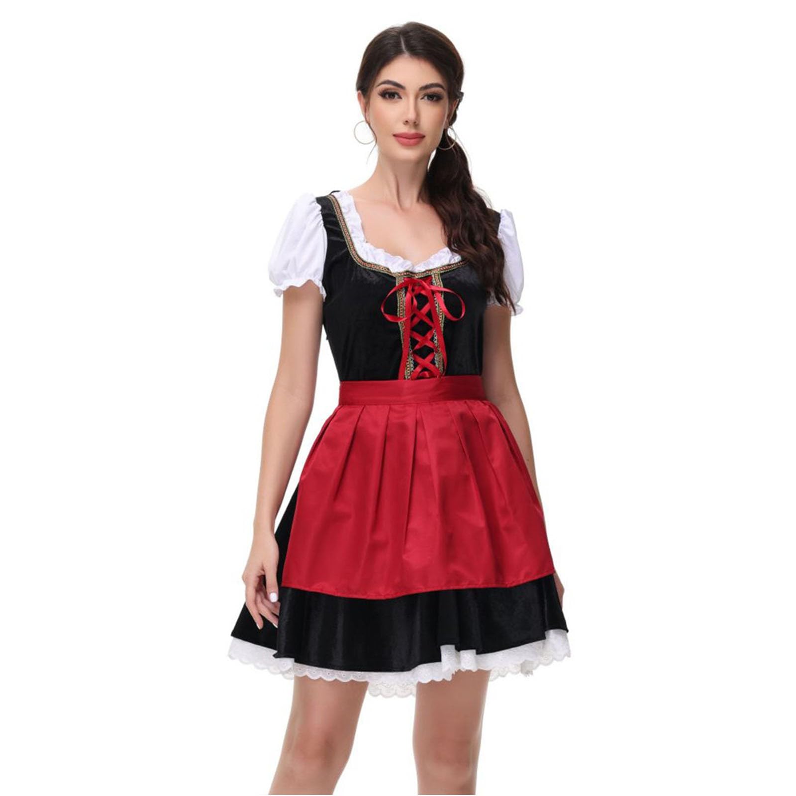 Generisch 2026 Damen Kurzarm Bierkleid Bühnenauftritt Spitzen Servierkleid Historische Tracht Festmode Viktoria Karneval Partyoutfit