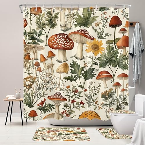 4PCS Mushroom Shower Curtain Set with Rugs Vintage Botanical Bathroom
