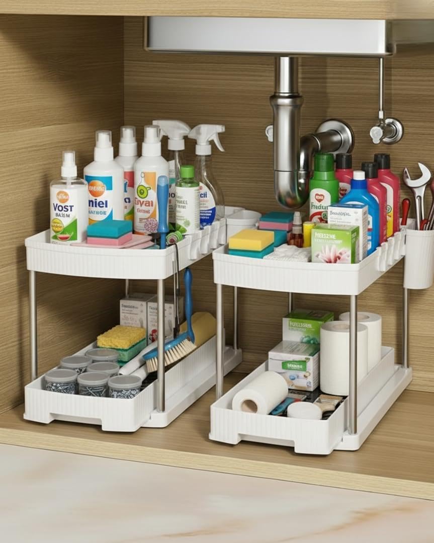 U-Max Under Sink Pull Out Organizer, Sliding Cabinet Storage Organizer with Handle, Countertop Kitchen Rack for Dishes, Utensils & Spices, Kitchen Sink Organizer Stand (White, Single-Slide(Pack 2))