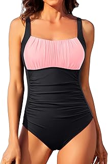 Traje de baño fruncido para mujer, con control de abdomen, bloque de color, traje de baño atlético clásico monokinis