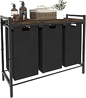 WAALIJI 30 Gal 3-Section Laundry Hamper with Pull-Out Removable Bags & Top Shelf, Freestanding Sorter for Clothes/Toys - Rustic Brown/Black