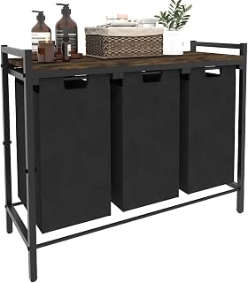 WAALIJI 30 Gal 3-Section Laundry Hamper with Pull-Out Removable Bags & Top Shelf, Freestanding Sorter for Clothes/Toys - Rustic Brown/Black