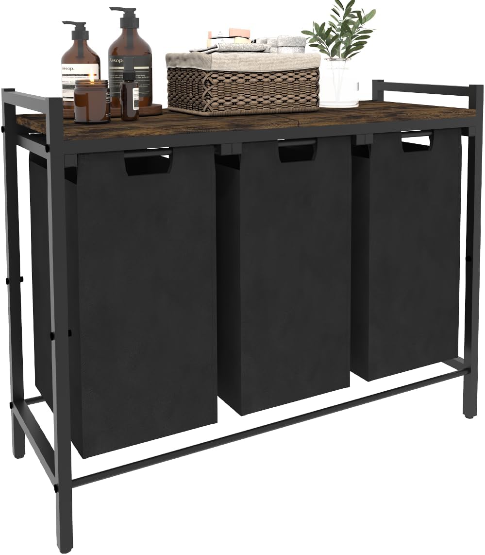 10 x 3 Gal Large Laundry Hamper with 3 Pull-Out & Removable Sorter Bags, Freestanding Clothes Basket Organizer for Clothing or Toys in Bathroom and Living Room, Rustic Brown and Black