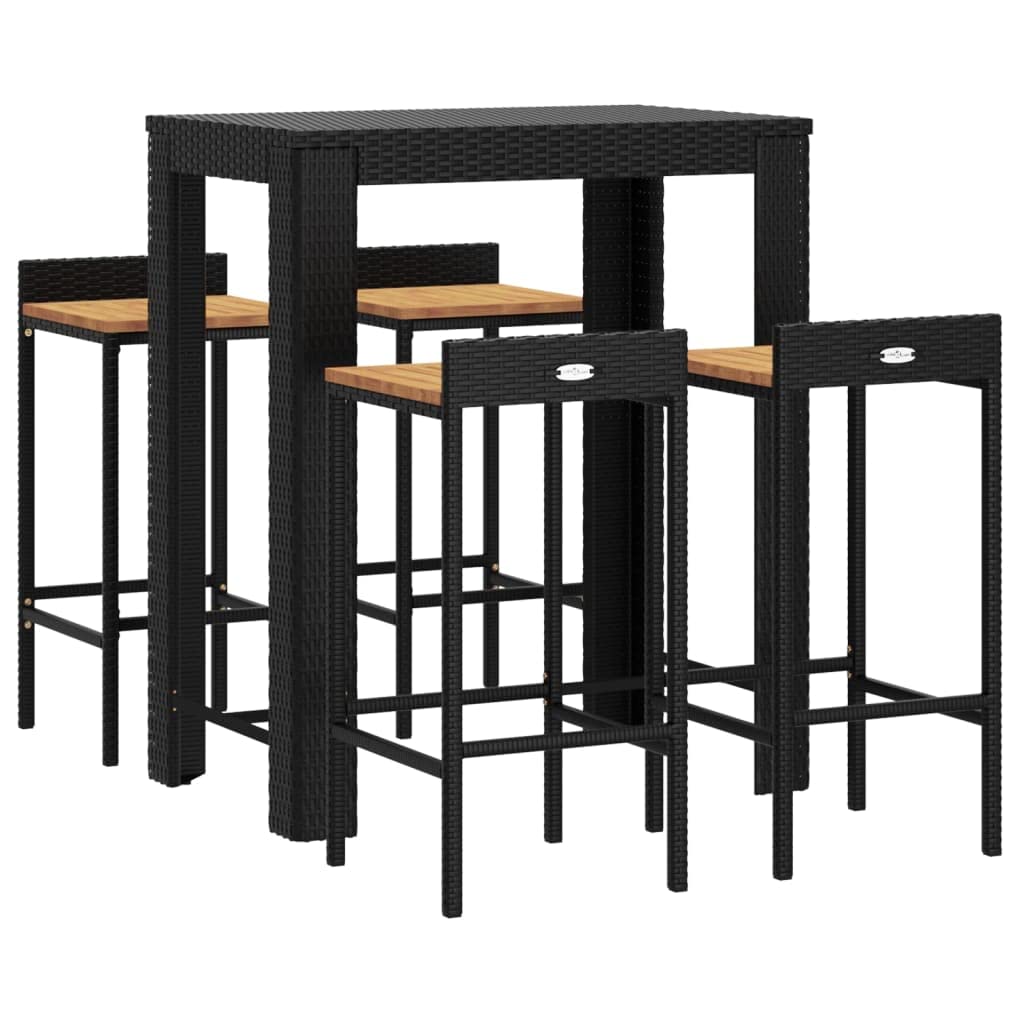 vidaXL Mesa Bar y taburetes jardín 5 pzas Madera Acacia ratán PE Negro