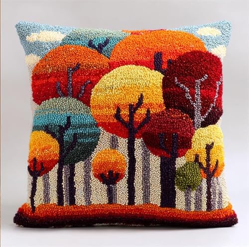 Taxpy Latch Hook Kit, Colorful Tree Cushion DIY Pillow Materials Package 43cmX43cm Hooks Knitted Embroidered Carpet Pillow Embroidery Latch Hook Carpet Kit