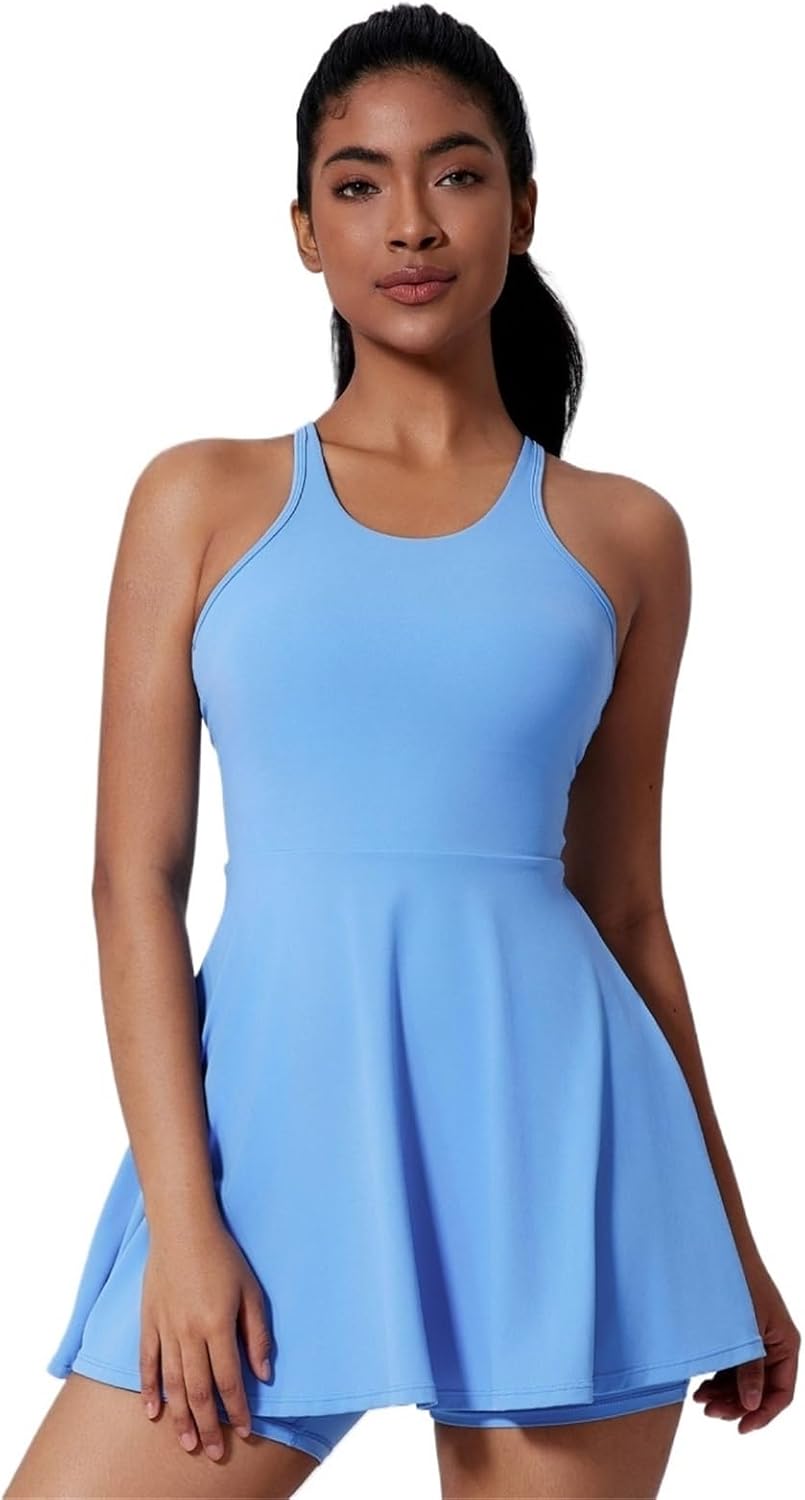 Sexy Sleeveless Backless Mini Dress with Shorts Women One Piece Sportswear Gym Set Elastic Tennis Sport Fitness Clothes