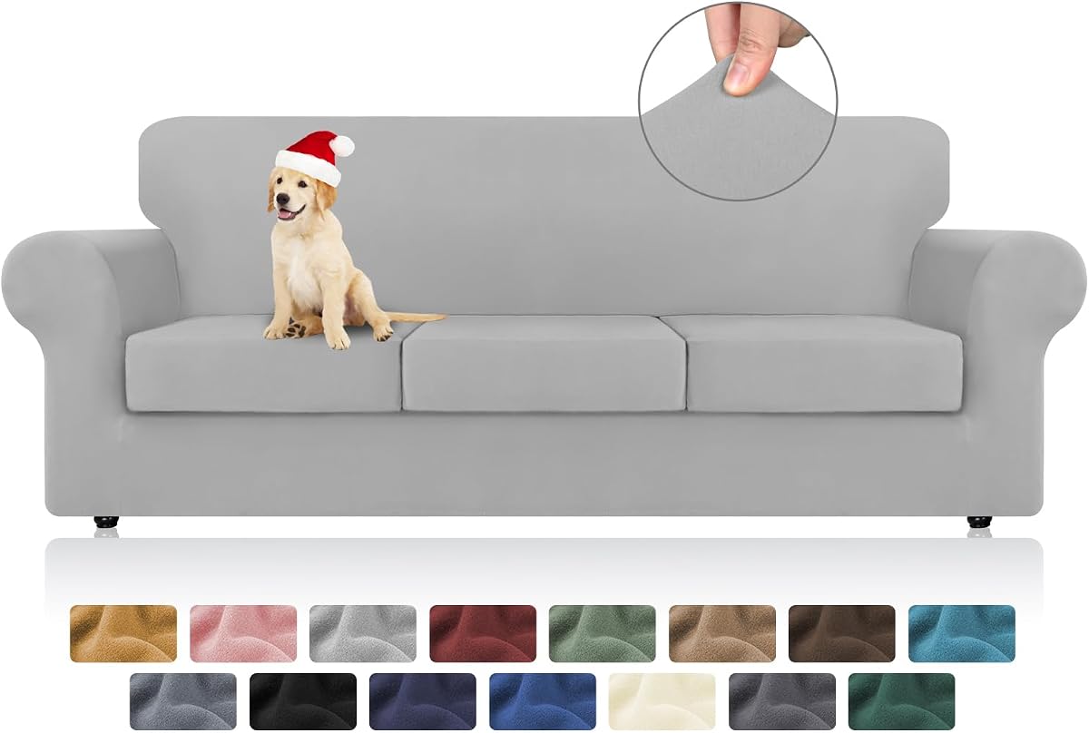 KEKUOU 4 Pieces Stretch Couch Covers for 3 Cushion Couch Sofa pet Friendly， Sofa Covers Washable Soft Elastic Dogs Furniture Protector(Sofa,Silver)