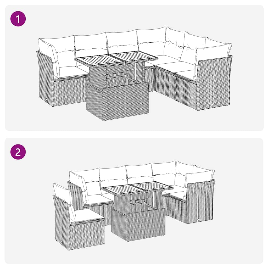 Set Divani da Giardino 7 pz in Rattan PE Grigio | Salotto da esterno componibile con tavolo regolabile e cuscini blu per momenti di relax in terrazzo o giardino.