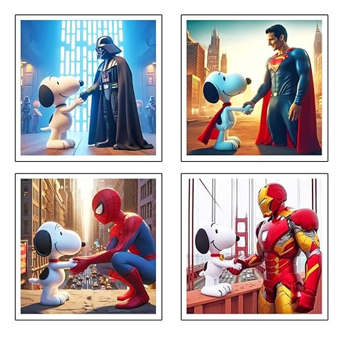 DKORARTE Set 4 cuadros base madera, Decoración Salón Modernos, Dormitorios, Habitación, Snoopy con colgadores metálicos, (29 x 29 cm cada cuadro)