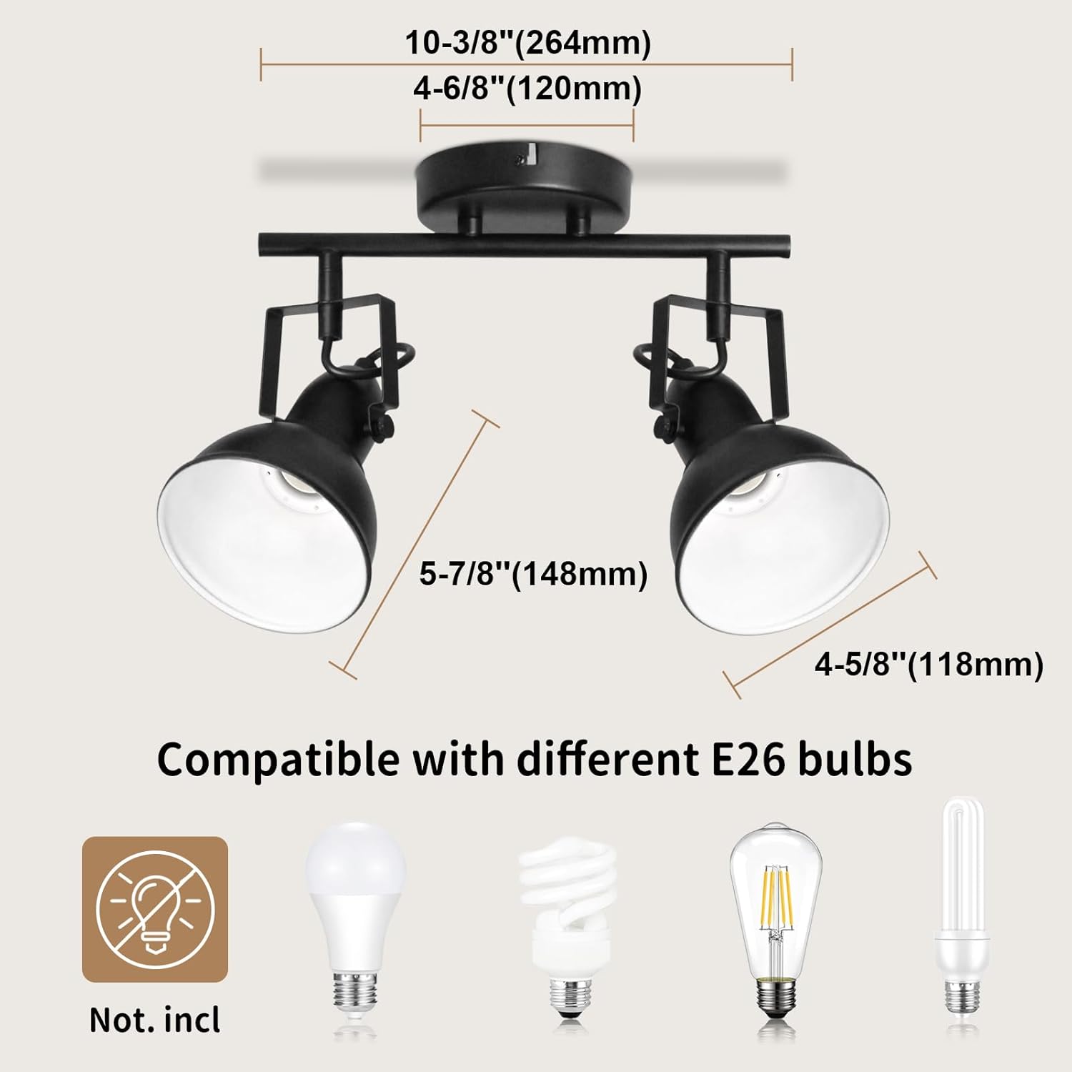 LTBLIGHT LED Track Lighting Kit, 2-Light Directional Ceiling Light Fixture, Industrial Black Ceiling Spot Lights Fitting for Kitchen, Bedroom, Art Wall, E26 Base, Bulbs Not Included