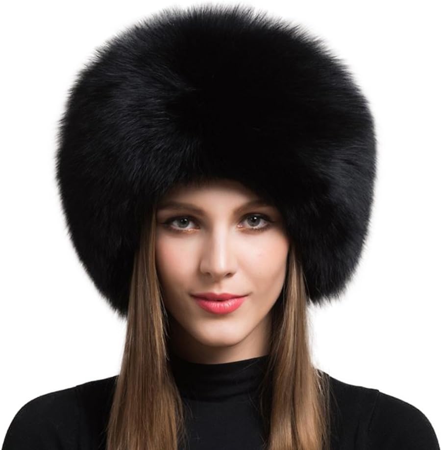Women's Real Fox Fur and Sheepskin Winter Hat - Natural Thick Warm Hat (55-60cm, Black)