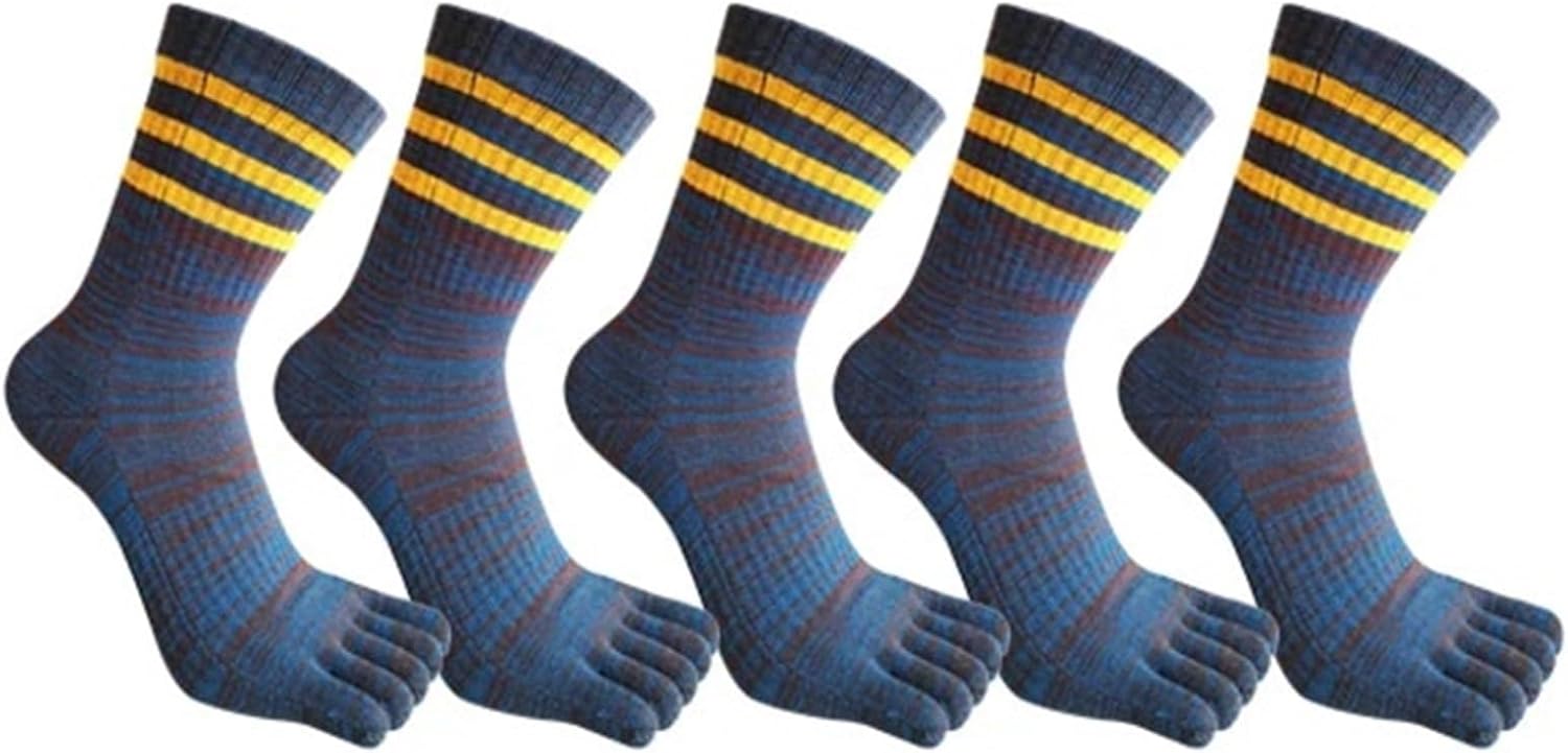 5 Pairs Man Sport Toe Socks Cotton Striped Colorful Compression Sweat-Absorbing Fitness Travel 5 Finger Short(Dark blue)