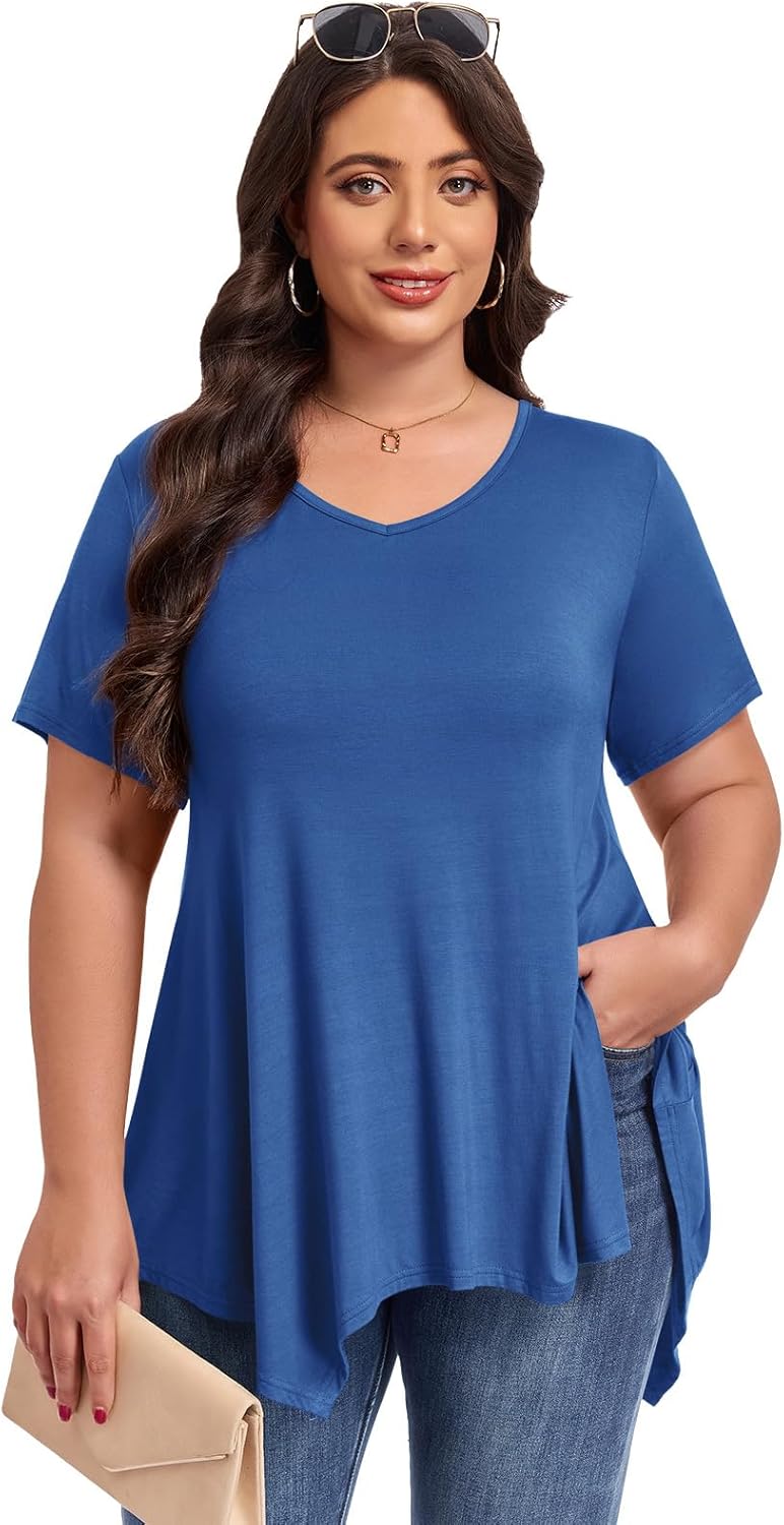 LARACE Plus Size Tops for Womens Summer Clothes Short Sleeve Shirts Casual V Neck Tunic Asymmetrical Blouses - Image 2