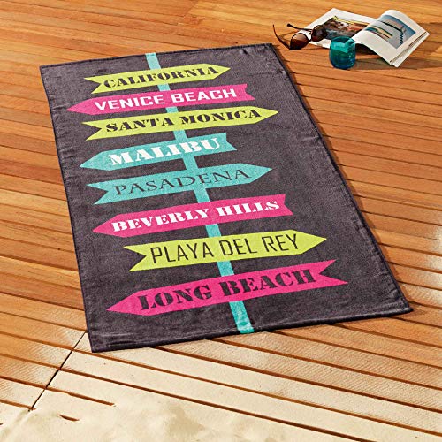 Ligne Décor Toalla de Playa 70 x 150 cm Esponja Terciopelo Imprime Long Beach, algodón, Multicolor, 150 x 70 cm