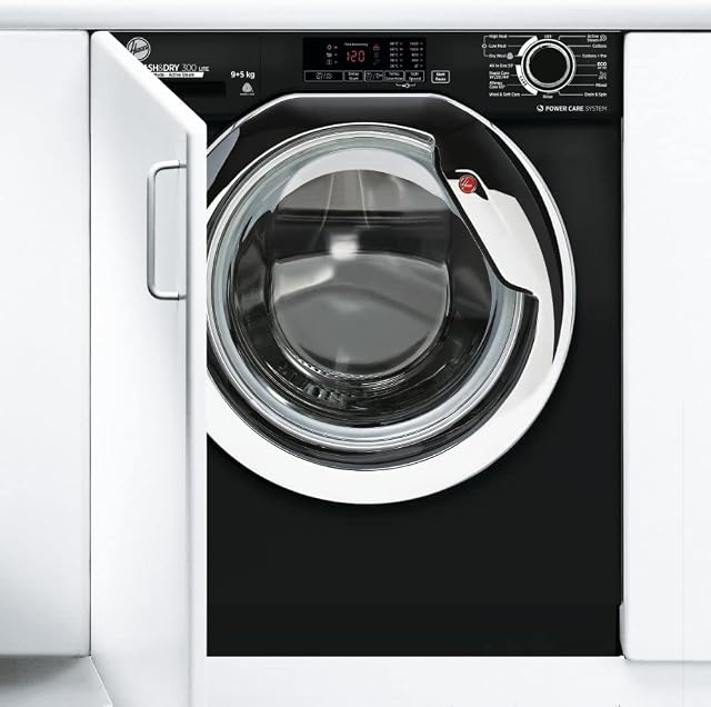 Hoover H-WASH/DRY HBDS495D1ACBE/-80 Integrated Washer Dryer, 9Kg Wash+5Kg Dry, 1400 Rpm, 12 Programmes, 3 Drying Levels, Black with Chrome door