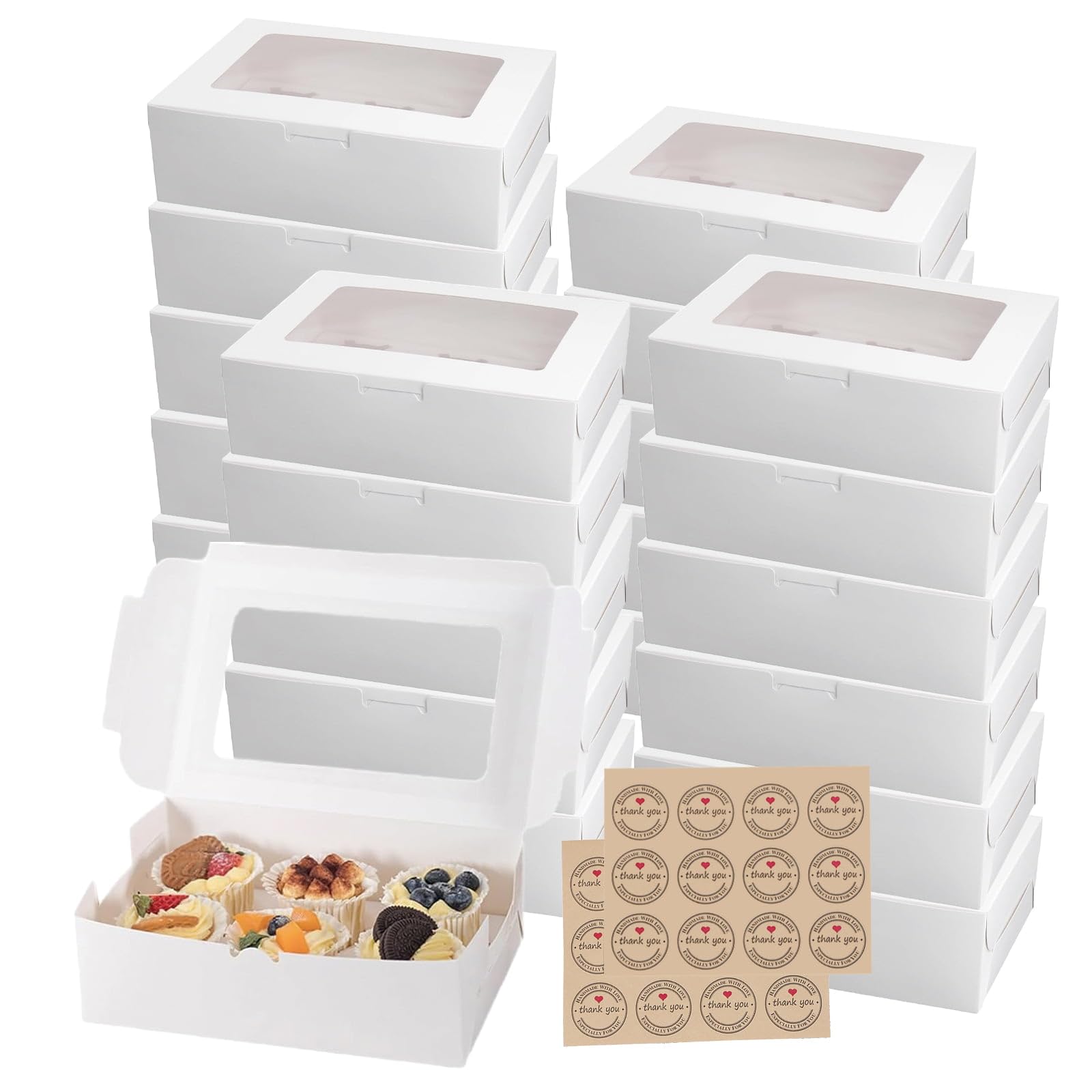 White Cupcake Boxes 6 Holes with Window Rectangle Cup Pop-Up Cake Boxes