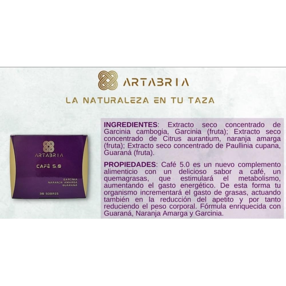 Cafe ARTABRIA 5.0 con Garcinia, Naranja Amarga y Guarana, 30 sobres individuales, Estimula Metabolismo, Aumenta gasto Energetico. Pack Hipnotik Casuality