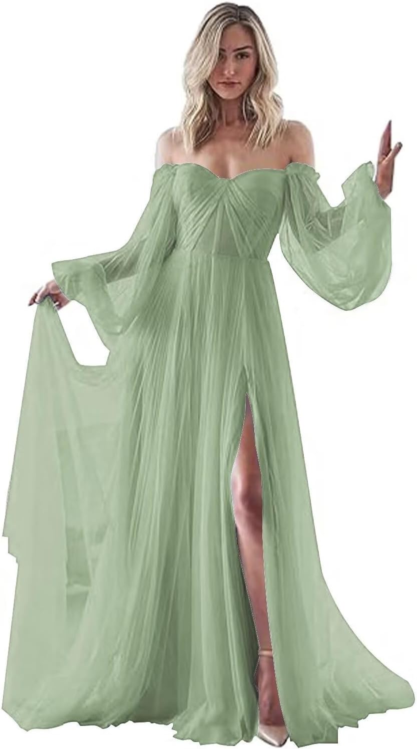 Zepumen Long Sleeve Prom Dress for Women Tulle Ball Gown A-Line Wedding Dress Formal Evening Party Gowns