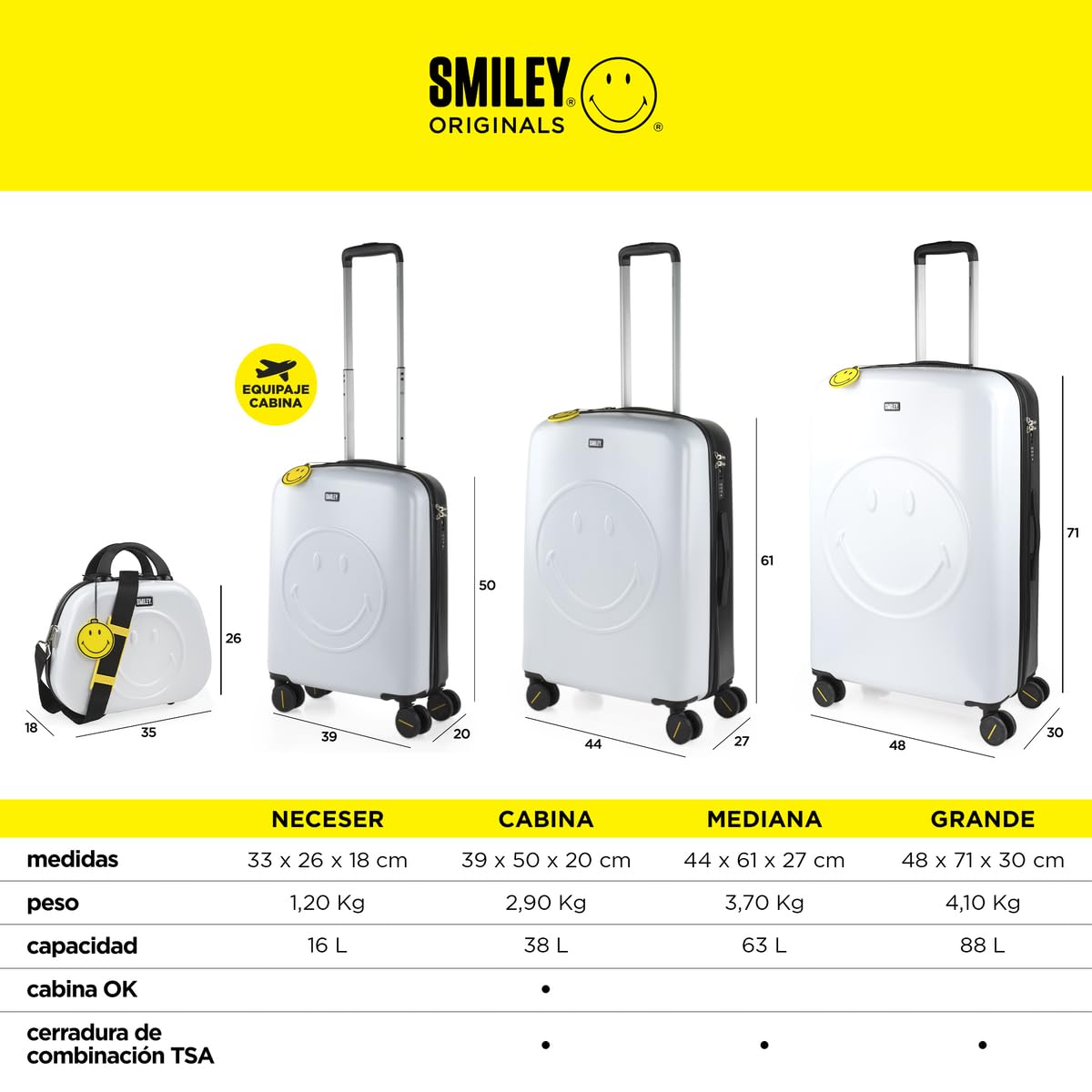 Smiley Originals - Lekkie walizki duże - Duża walizka z twardej skorupy z poliwęglanu PC 75 cm - Lekkie walizki duże z zamkiem szyfrowym TSA - Sztywna duża walizka na 4 kółkach, lekka