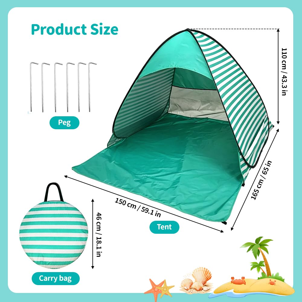 Tente de Plage, Tente Anti UV pour 2-3 Personnes, Tente de Plage pour Bébé avec Protection UV 50, Sac de Transport et Piquets Inclus, Idéal pour Les Tout-Petits, Les Pique-Niques et Le Jardin