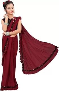 Dhyey fashion Girl's Lycra Blend Ruffle Saree and Velvet Unstitched Blouse Piece | Readymade Saree For Girls Price In India