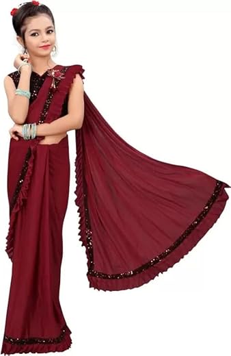 Dhyey fashion Girl's Lycra Blend Ruffle Saree and Velvet Unstitched Blouse Piece | Readymade Saree For Girls