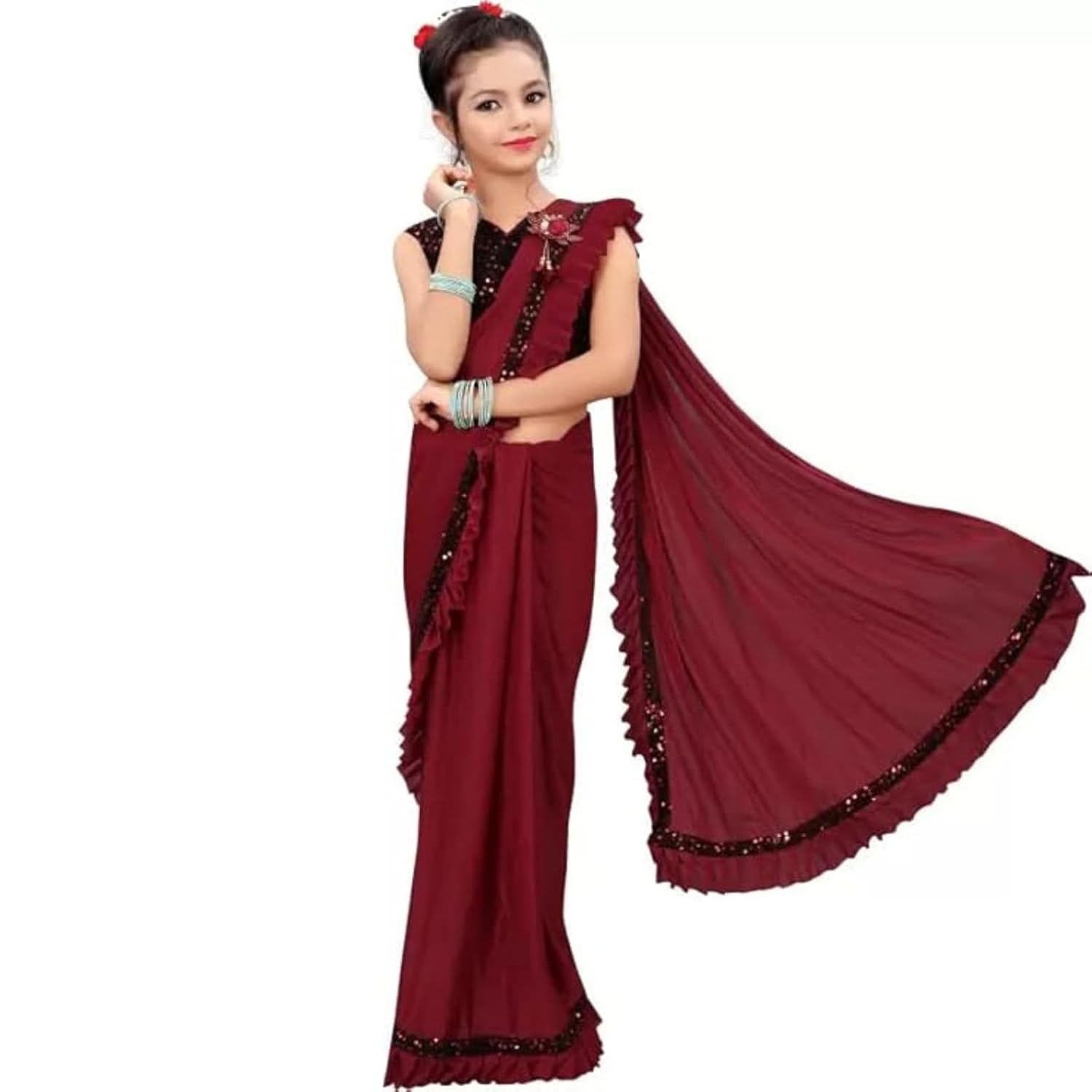 Dhyey fashion Girl's Lycra Blend Ruffle Saree and Velvet Unstitched Blouse Piece | Readymade Saree For Girls - Review, Price and Buying Guide